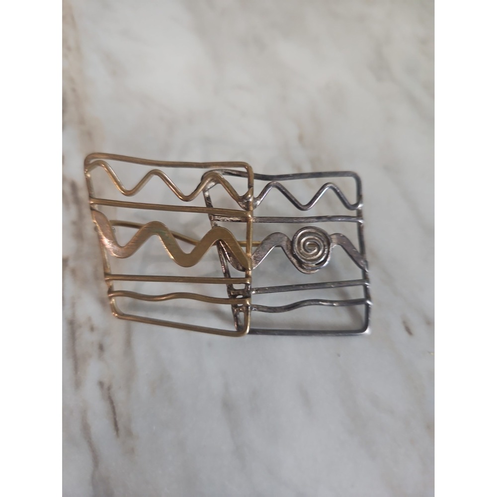 Handmade Bent Metal Swirl Twisted Brooch 2 Tone Gold Silver Tone